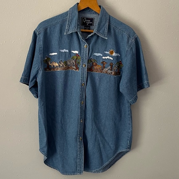 Let’s Quizz Again New York Noah’s Ark Embroidery Blue Jean Button Down Sz Medium - Picture 10 of 10